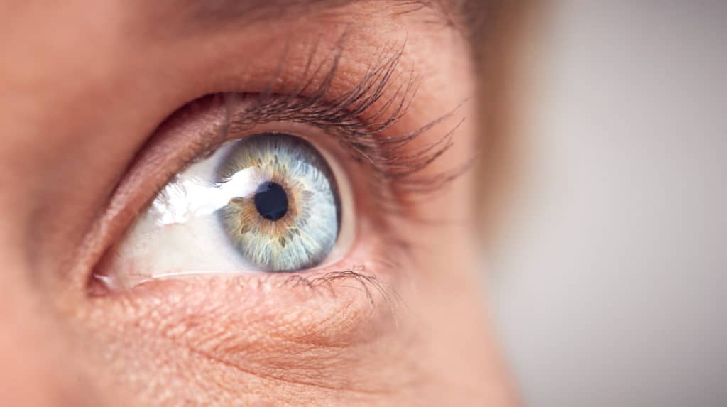 Extreme Close Up Of Eye Of Woman Against White Studio Background